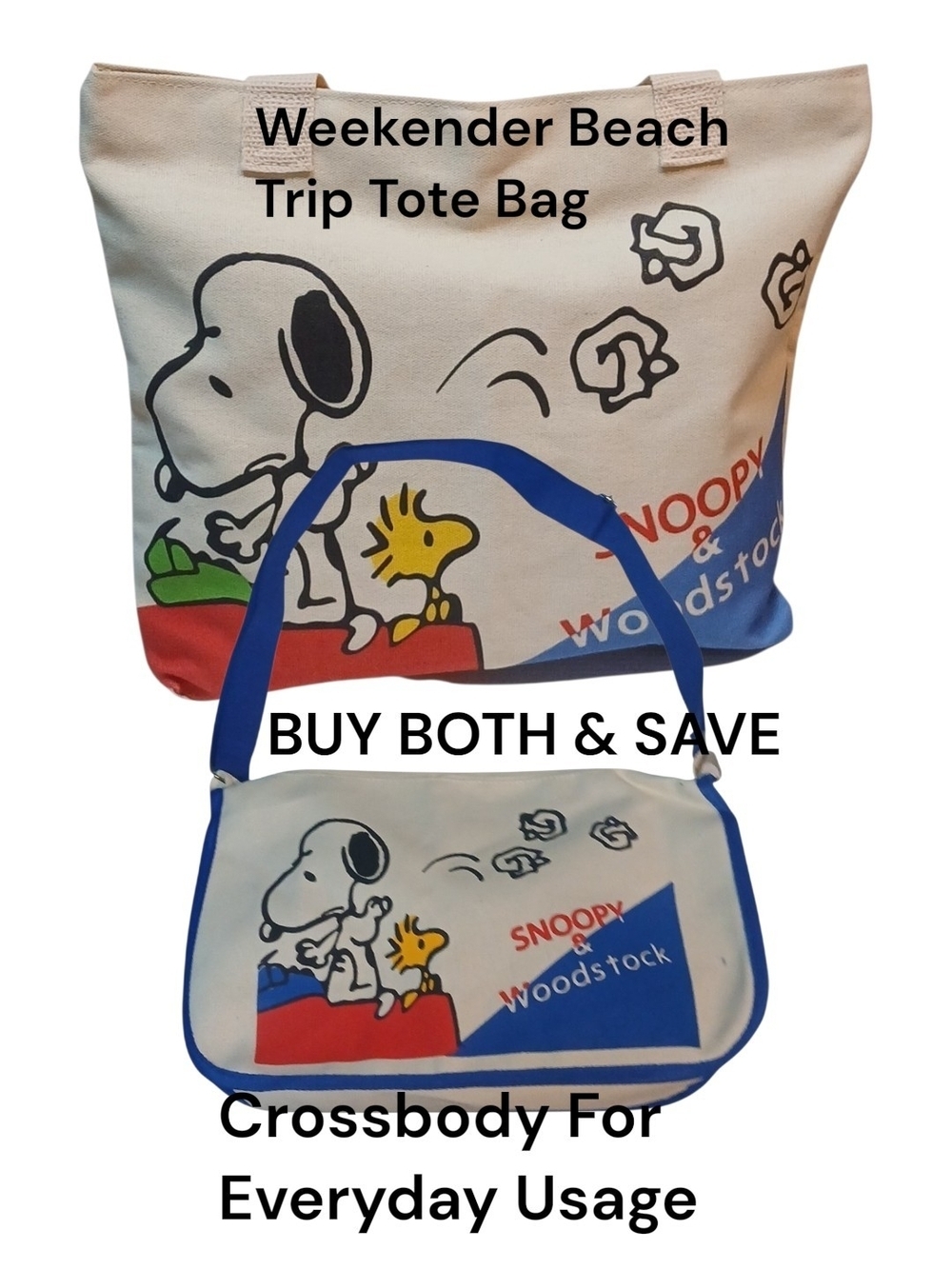 Peanuts -Matching Snoopy Bags, 1-Crossbody Adjustable Strap,1-Tote Bag, Pockets